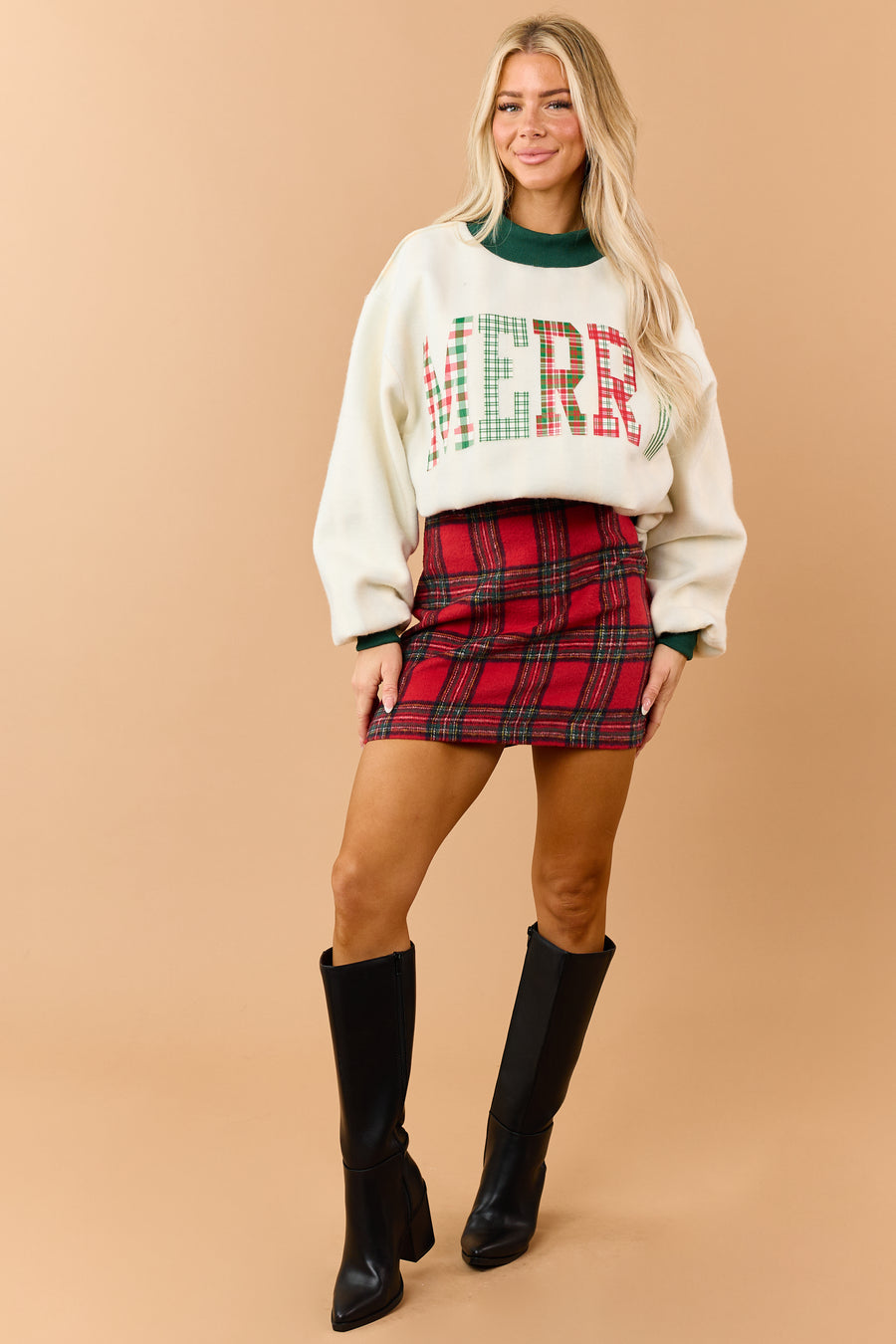 Brick Red Plaid Soft High Waist Mini Skirt