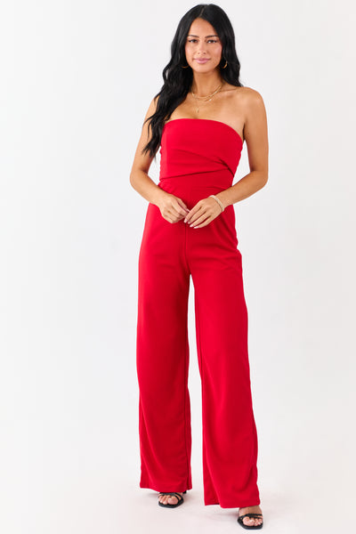 Lipstick Strapless Pleated Wide Leg Knit Jumpsuit