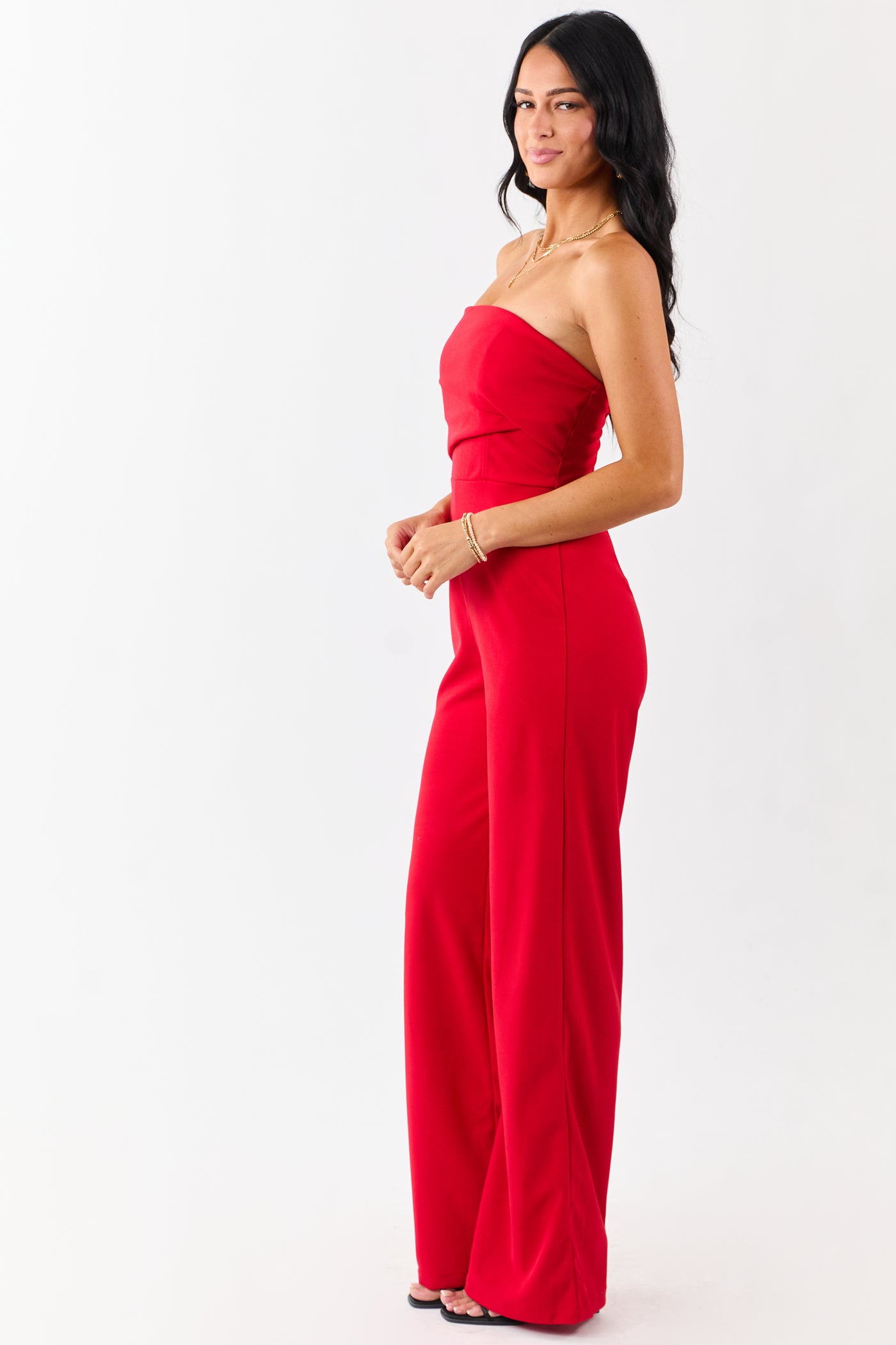 Lipstick Strapless Pleated Wide Leg Knit Jumpsuit