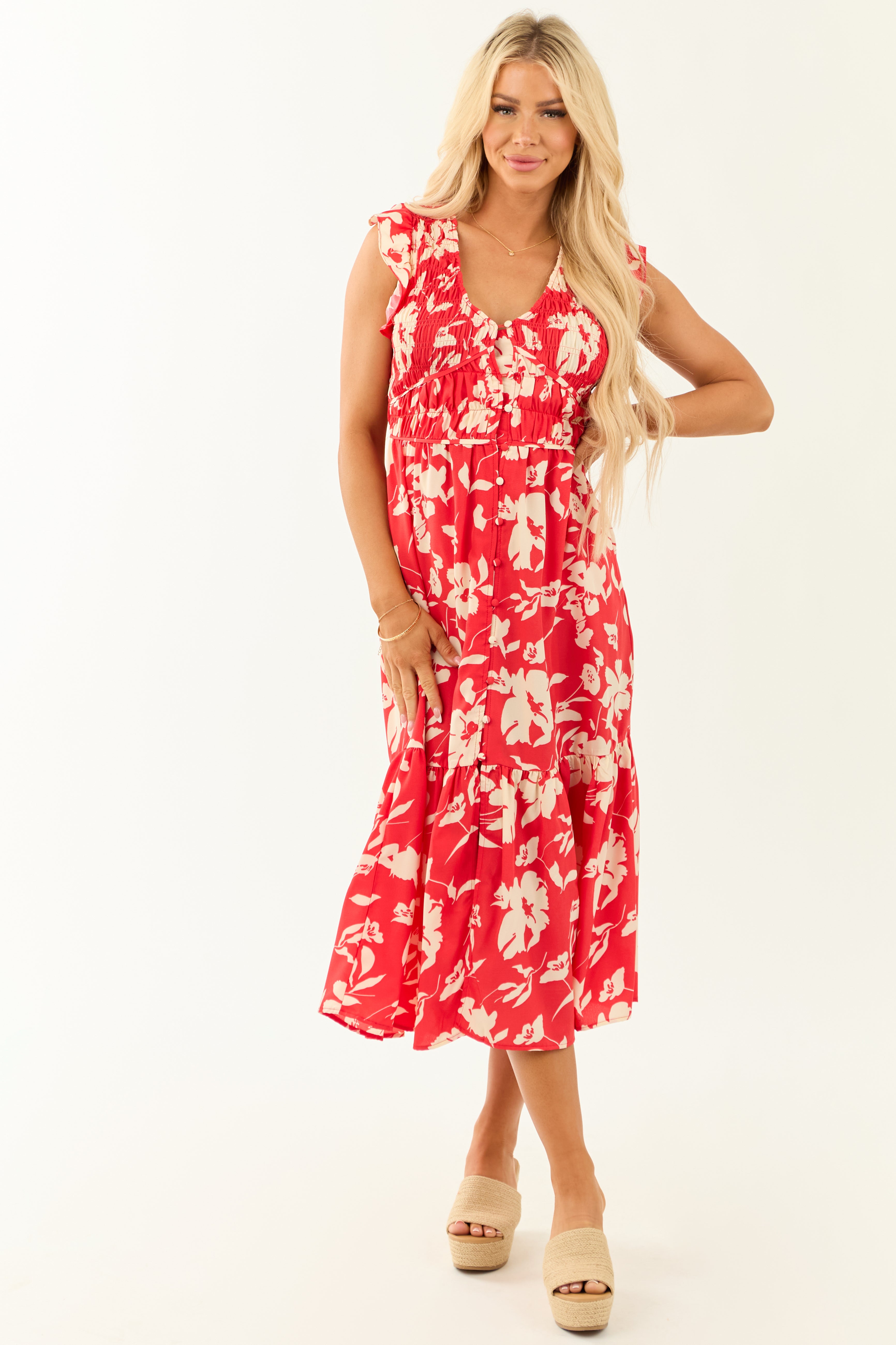 Lipstick V Neck Floral Print Button Down Midi Dress | Lime Lush Boutique