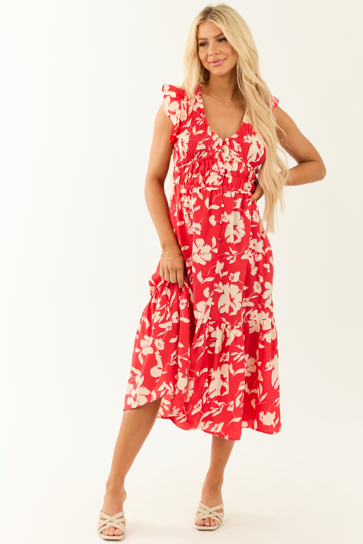 red floral button up dress Isla Red Floral Printed Midi Dress | Women's Clothing
