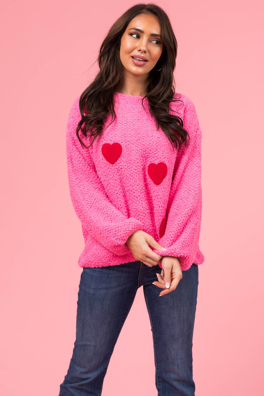 Bright Baby Pink Heart Pattern Knit Sweater