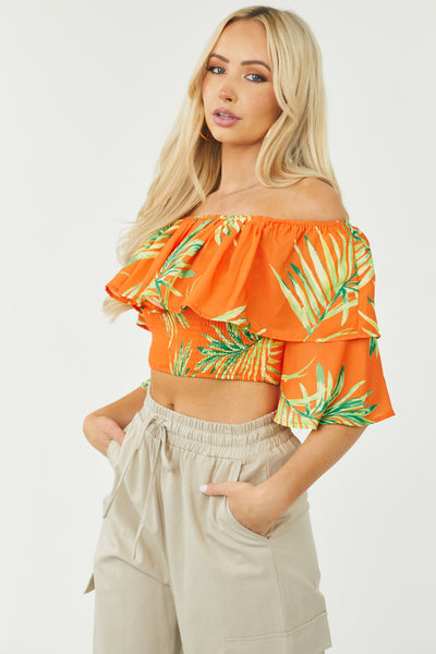 Bright Fire Leaf Print Off Shoulder Smocked Blouse