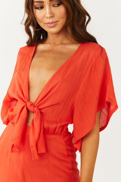 Bright Fire Plunging V Neck Wide Leg Jumpsuit
