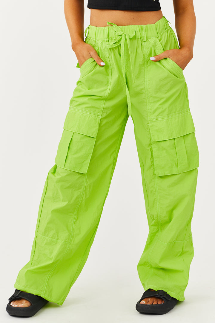 Bright Lime Green Wide Leg Nylon Cargo Pants