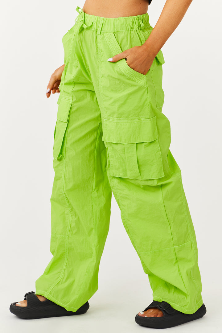 Bright Lime Green Wide Leg Nylon Cargo Pants