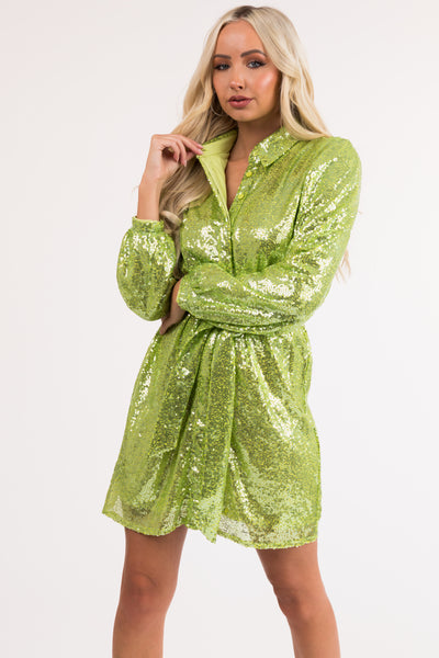 Bright Lime Sequined Button Up Mini Dress