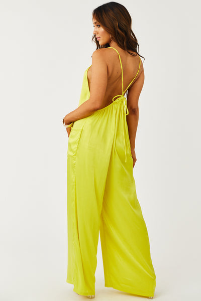 Bright Lime Yellow Sleeveless Satin Jumpsuit