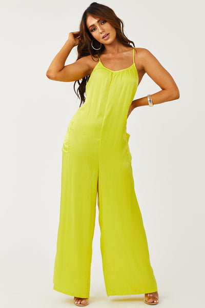 Bright Lime Yellow Sleeveless Satin Jumpsuit