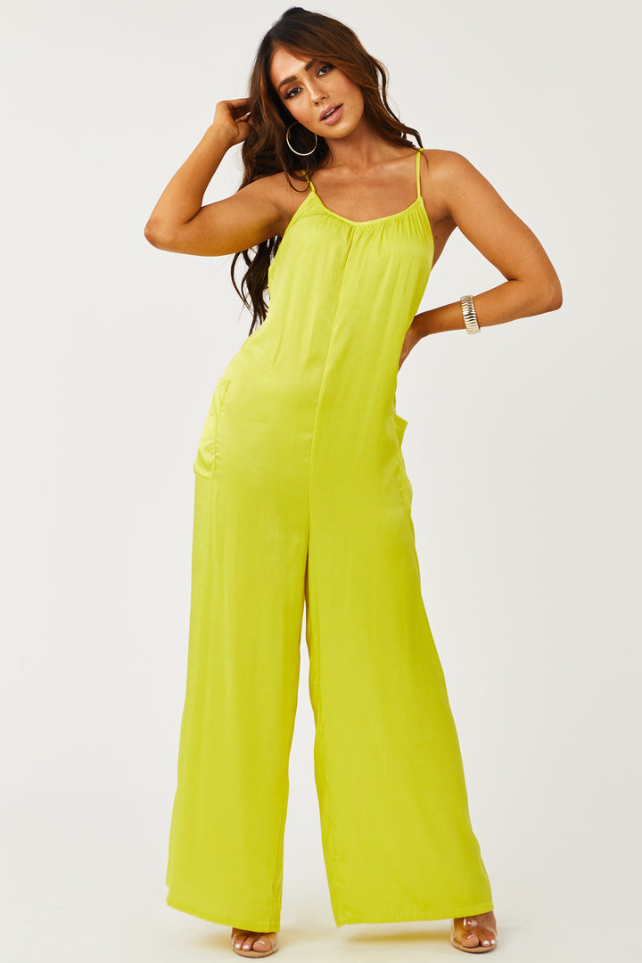 Bright Lime Yellow Sleeveless Satin Jumpsuit