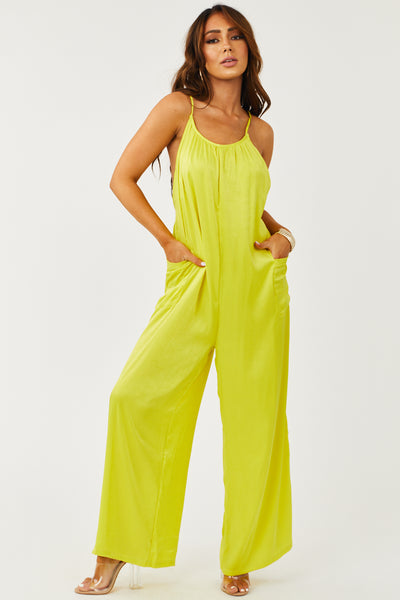Bright Lime Yellow Sleeveless Satin Jumpsuit