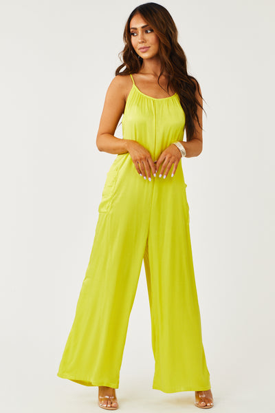 Bright Lime Yellow Sleeveless Satin Jumpsuit