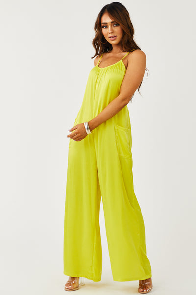 Bright Lime Yellow Sleeveless Satin Jumpsuit