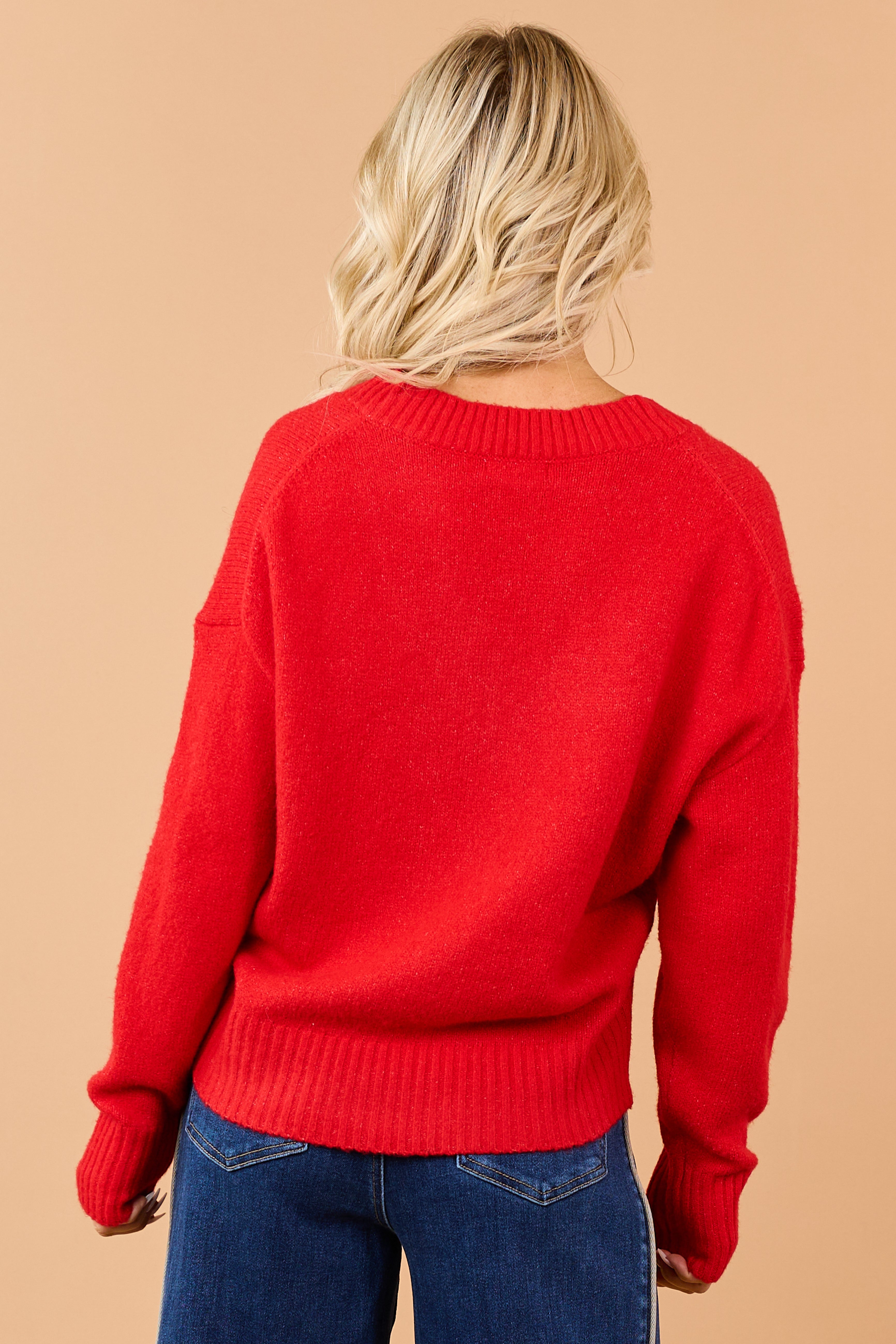 Bright Lipstick V-Neck Soft Relaxed Knit Sweater