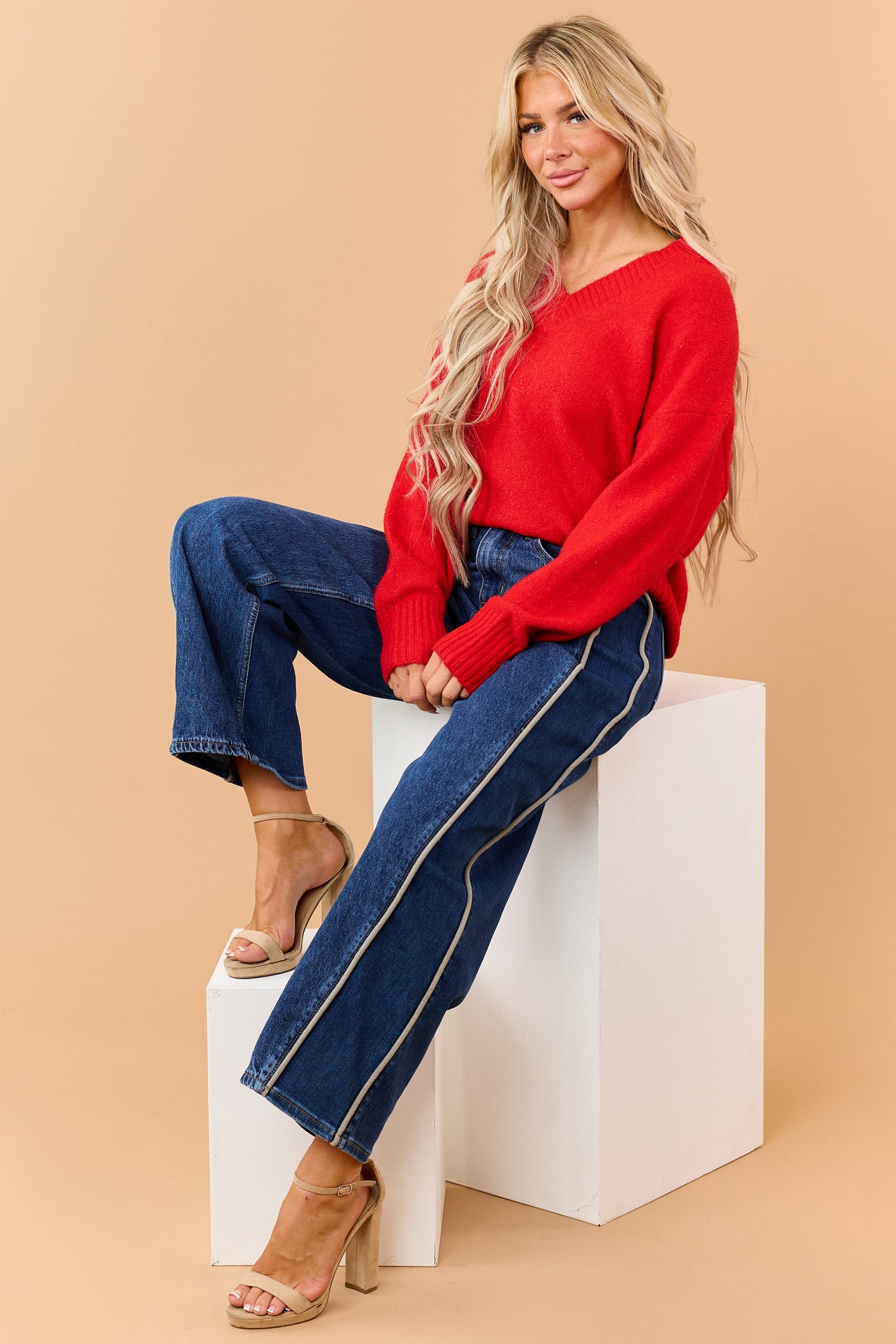 Bright Lipstick V-Neck Soft Relaxed Knit Sweater
