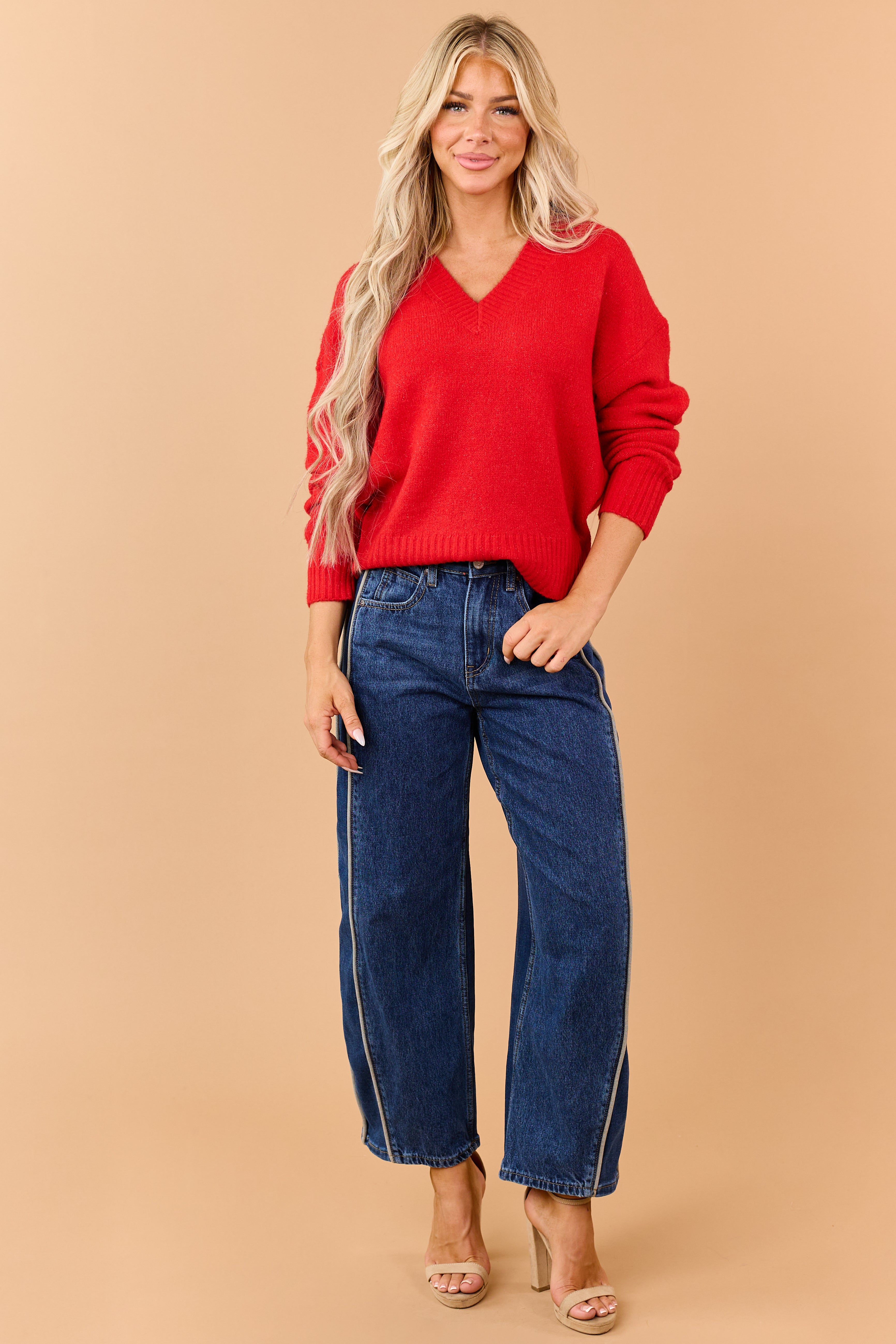 Bright Lipstick V-Neck Soft Relaxed Knit Sweater