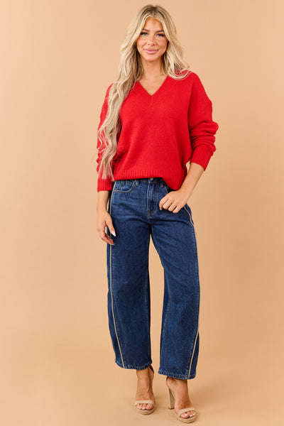 Bright Lipstick V-Neck Soft Relaxed Knit Sweater