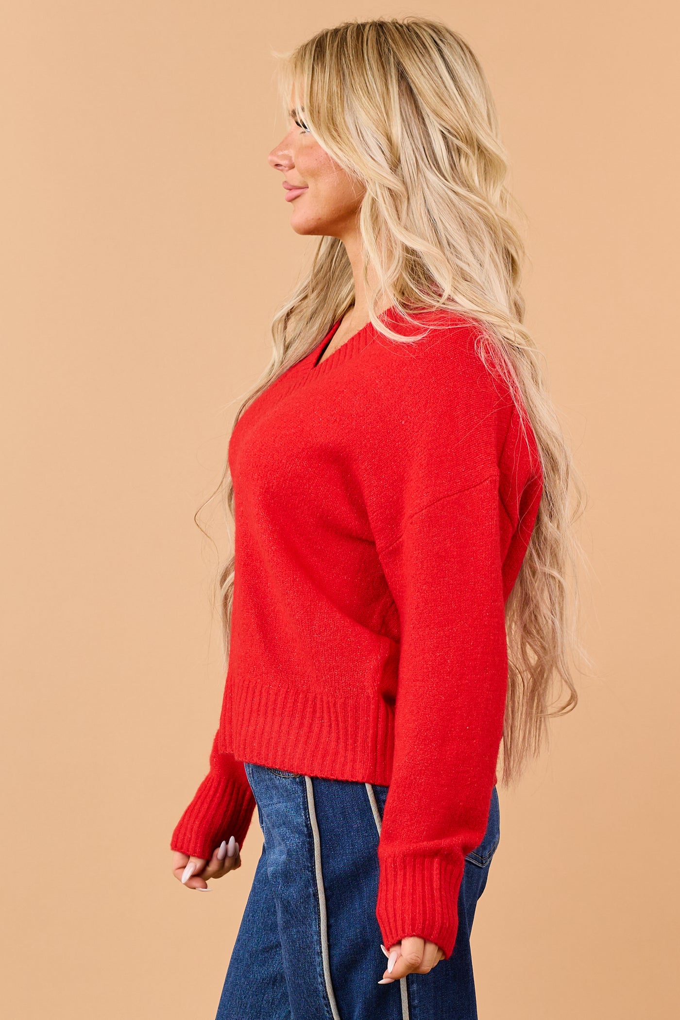 Bright Lipstick V-Neck Soft Relaxed Knit Sweater