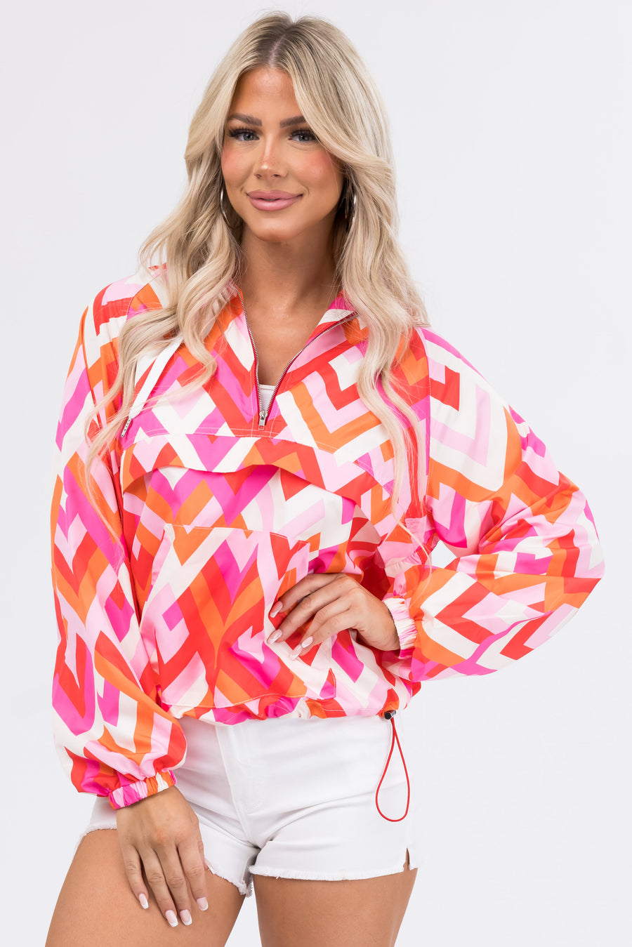 Bright Magenta Geometric Print Windbreaker