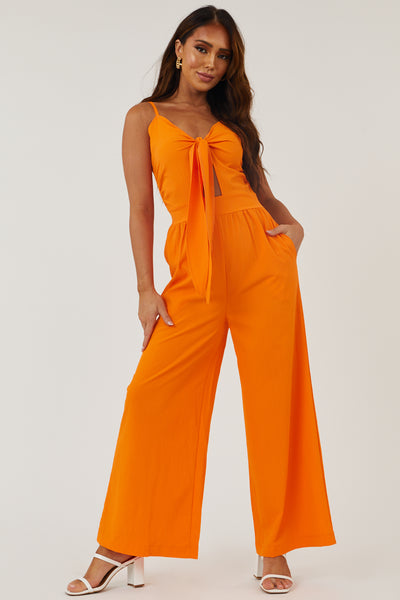 Bright Orange Front Tie Wide Leg Woven Jumpsuit