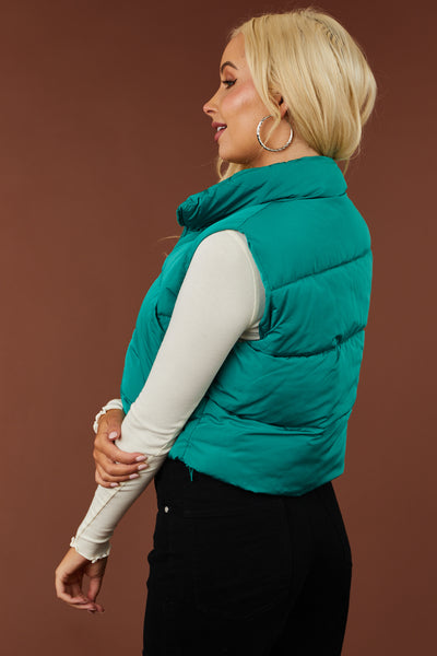 Bright Pine Drawstring Hem Zip Up Puffer Vest