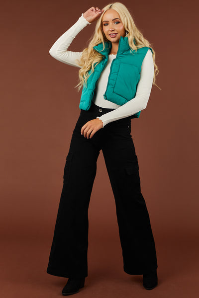 Bright Pine Drawstring Hem Zip Up Puffer Vest