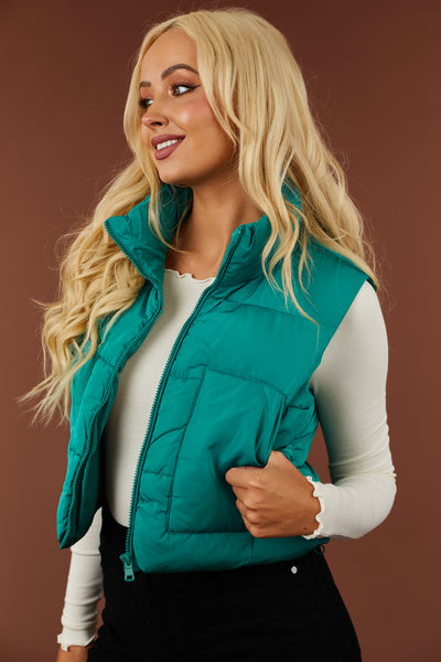 Bright Pine Drawstring Hem Zip Up Puffer Vest