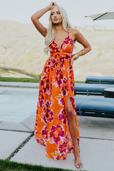 Bright Sunset Floral Print Sleeveless Maxi Dress
