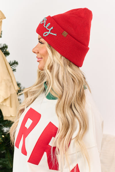Bright Red 'Merry' Candy Cane Cord Lettering Beanie