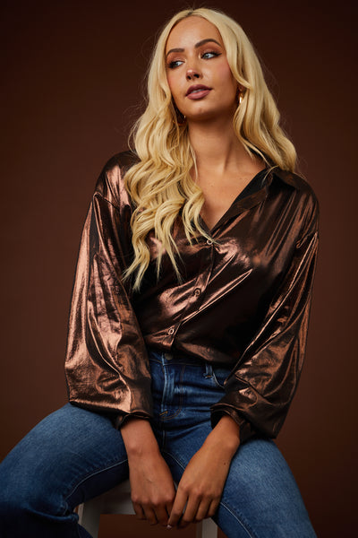 Bronze Metallic Button Down Collared Blouse