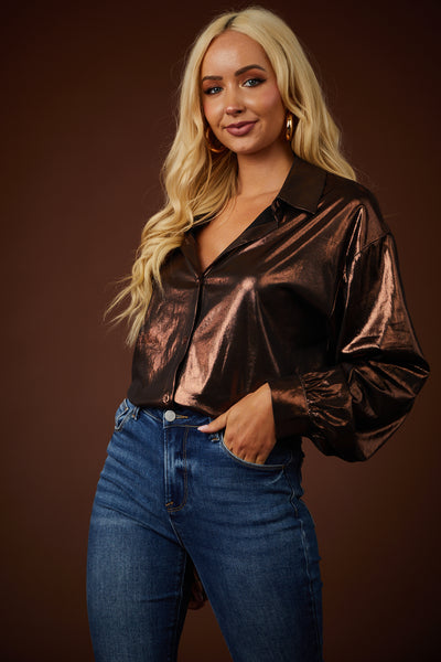 Bronze Metallic Button Down Collared Blouse