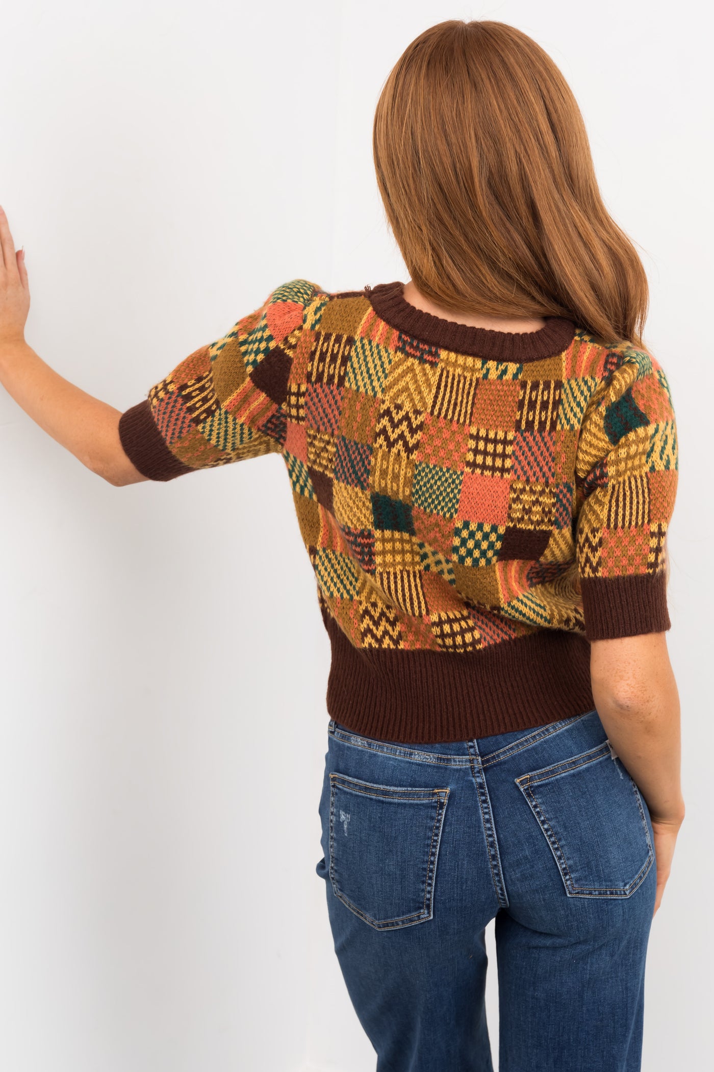 Brown Multiprint Half Sleeve Sweater