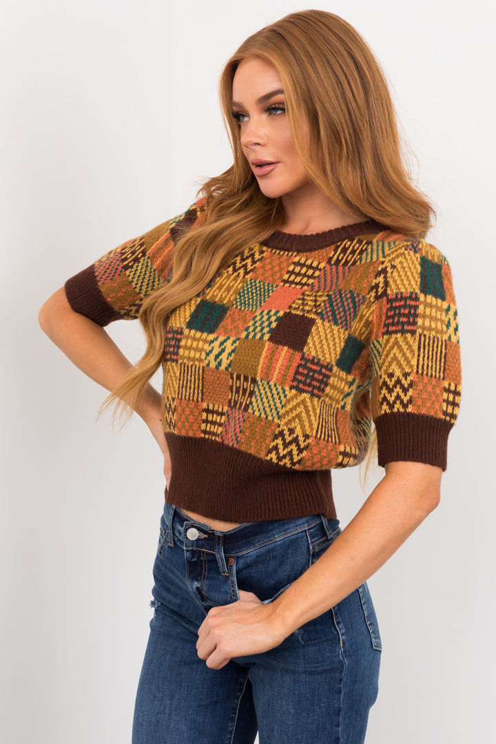 Brown Multiprint Half Sleeve Sweater