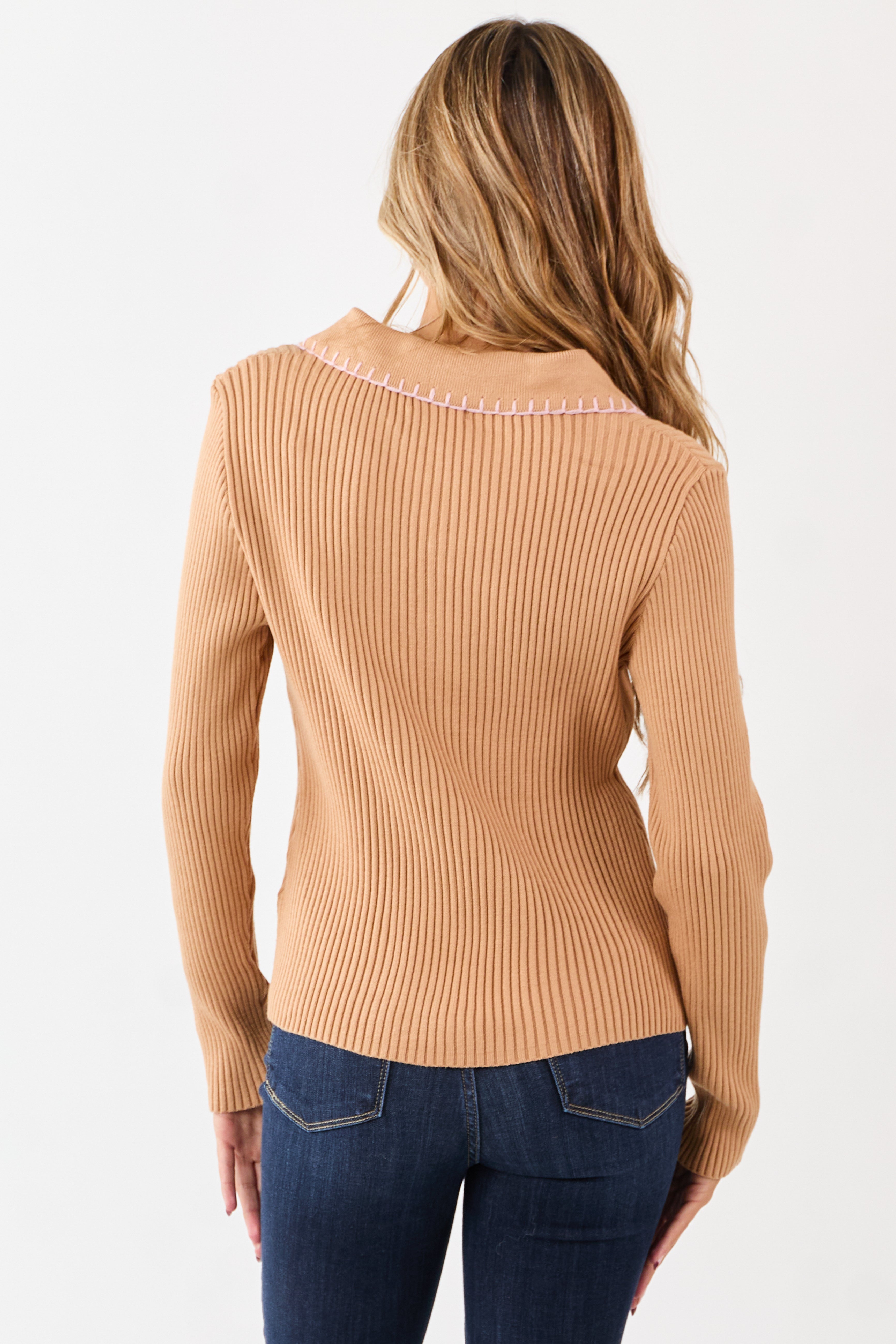 Brown Sugar Contrast Blanket Stitch Buttoned Sweater Top