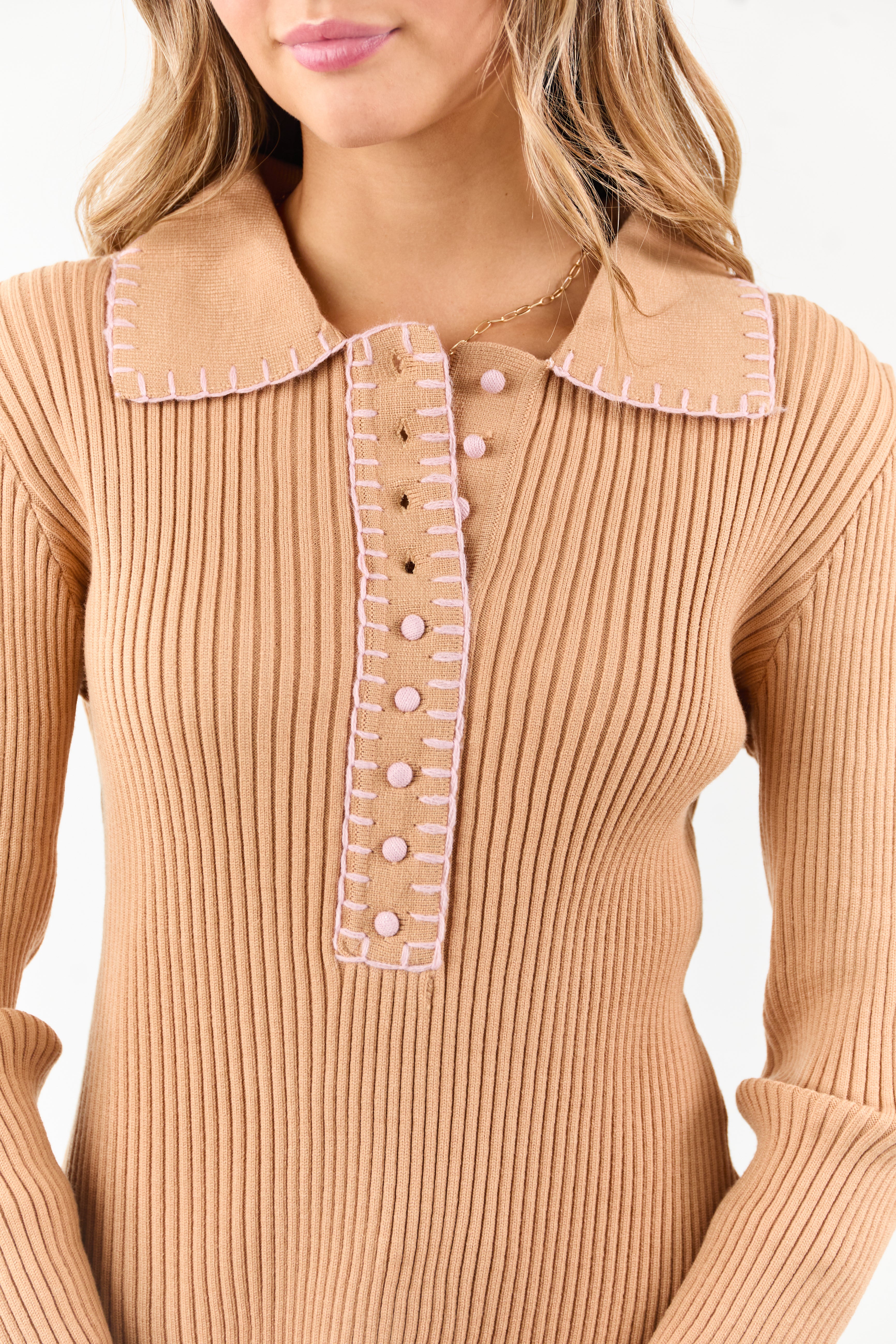 Brown Sugar Contrast Blanket Stitch Buttoned Sweater Top