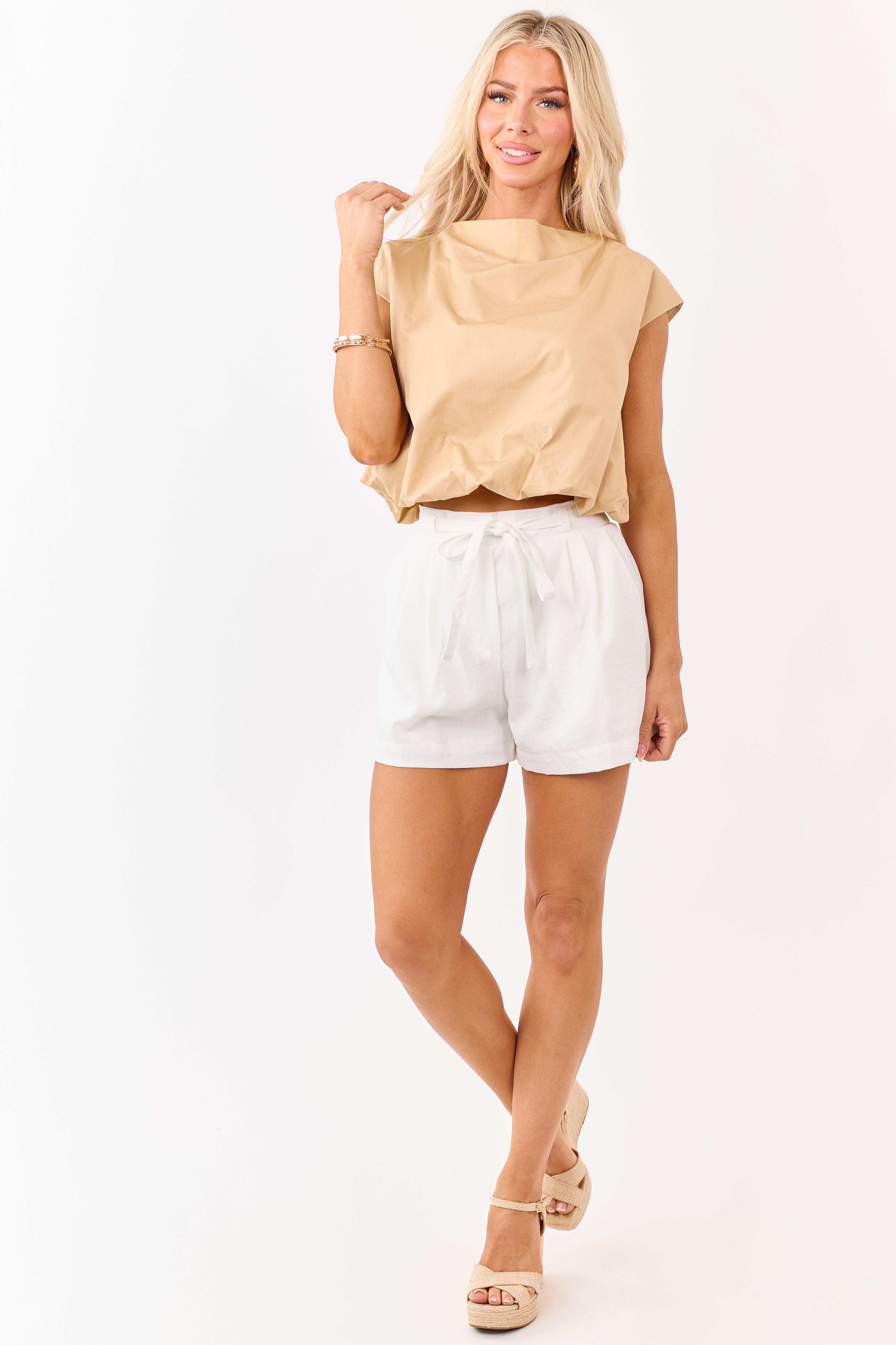 Brown Sugar Cotton Bubble Hem Boxy Top