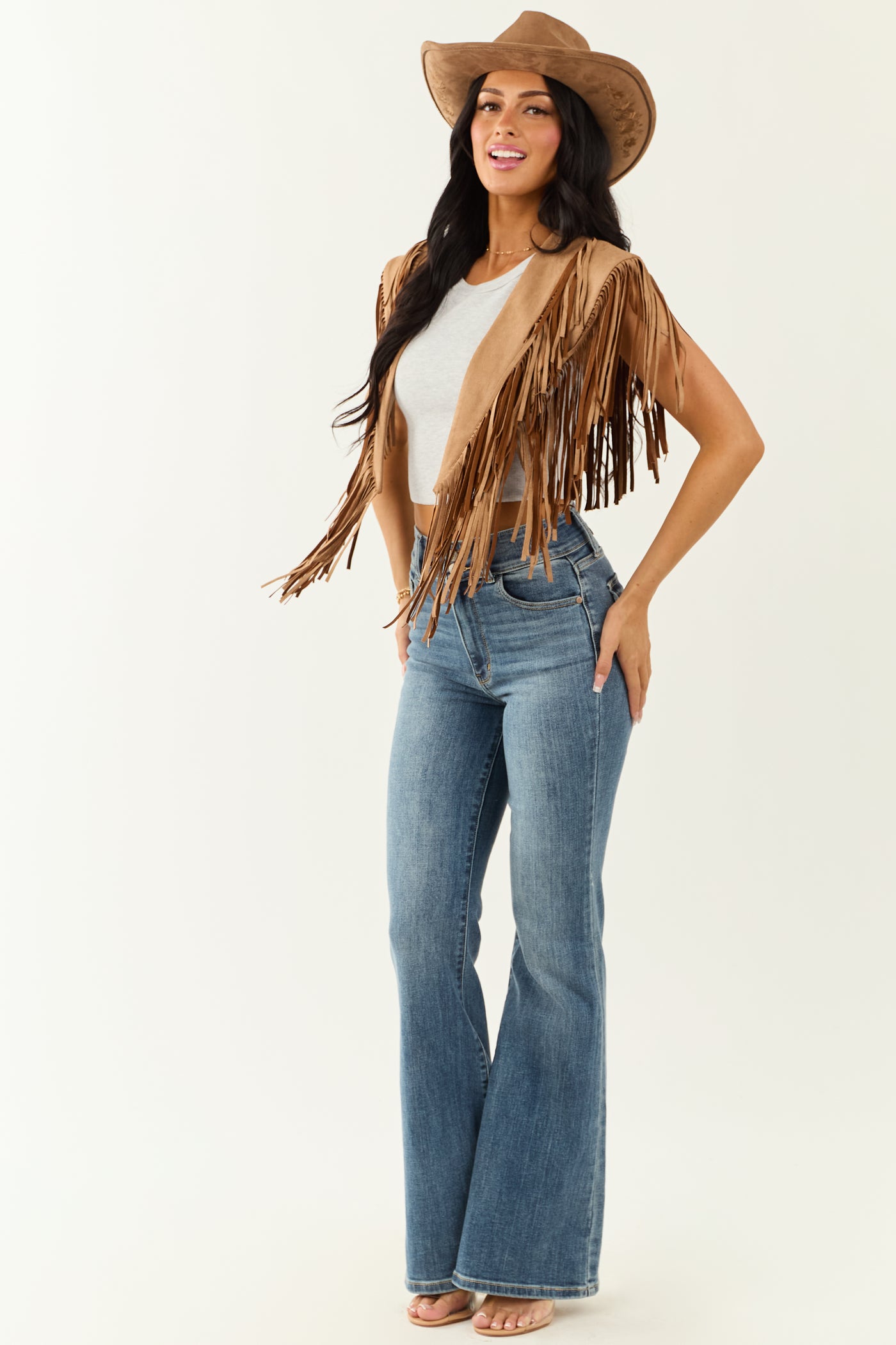 Brown Sugar Faux Suede Collared Fringe Shawl