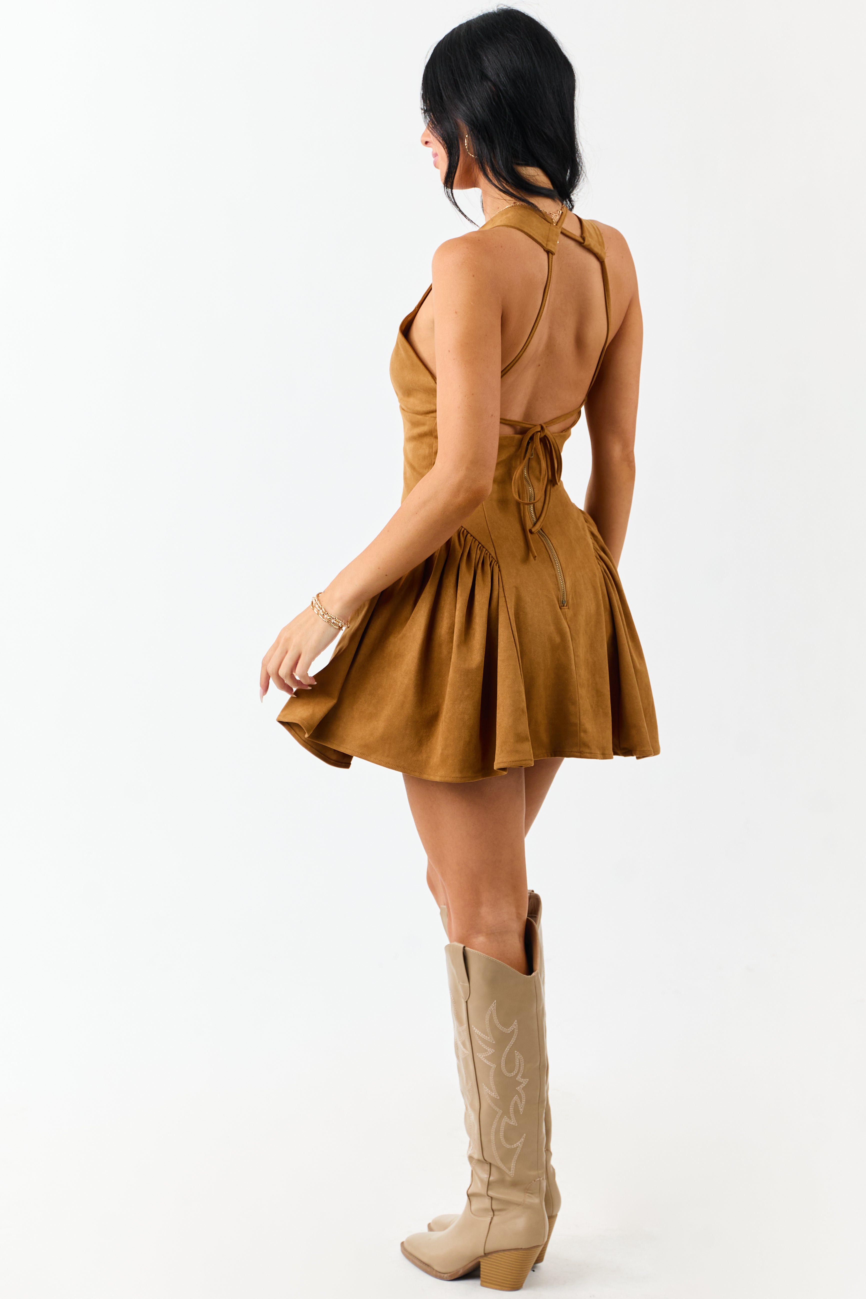 Brown Sugar Faux Suede Open Back Mini Dress
