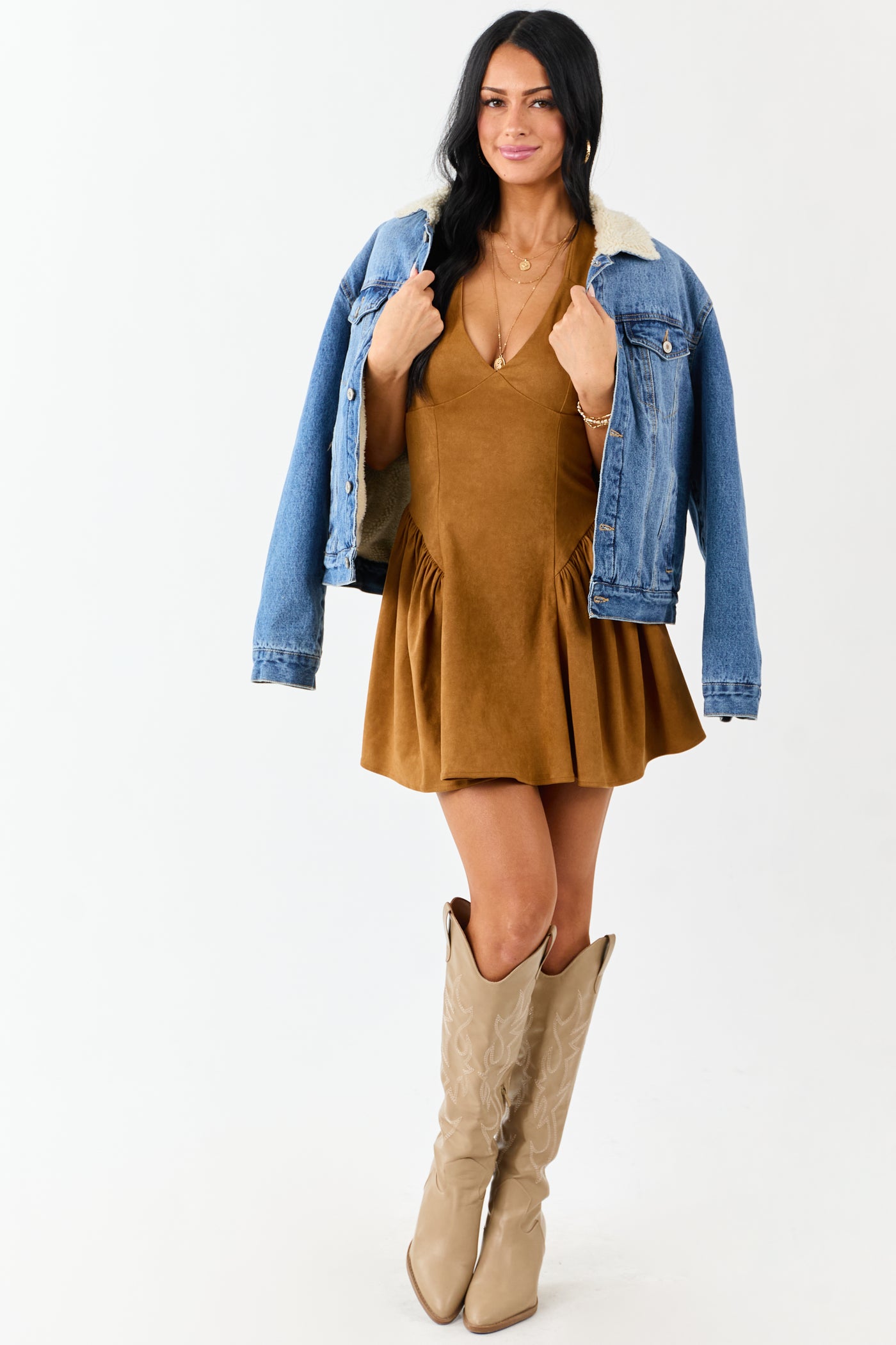 Brown Sugar Faux Suede Open Back Mini Dress
