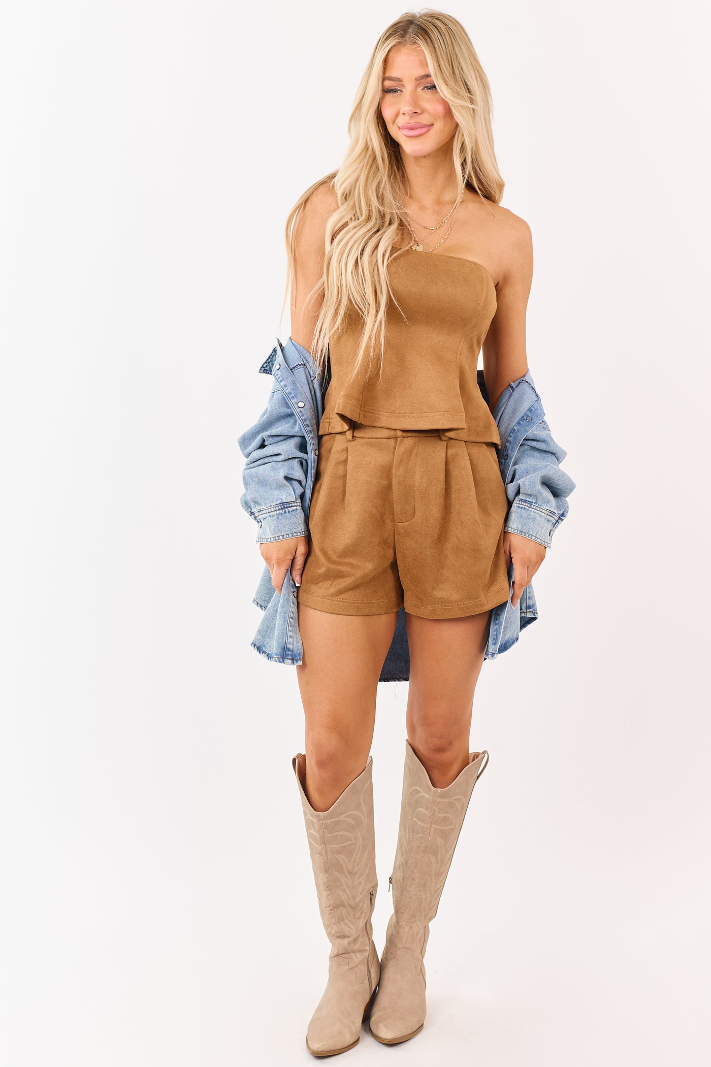 Brown Sugar Faux Suede Peplum Top and Shorts Set