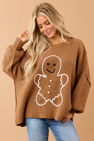 Brown Sugar Gingerbread Graphic Brushed Knit Sweater