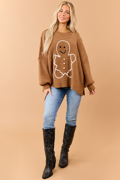 Brown Sugar Gingerbread Graphic Brushed Knit Sweater
