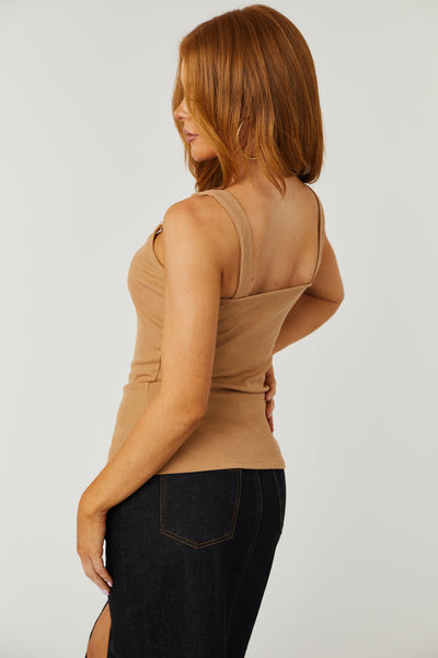 Brown Sugar Gold Chain Strap Ribbed Knit Tank Top