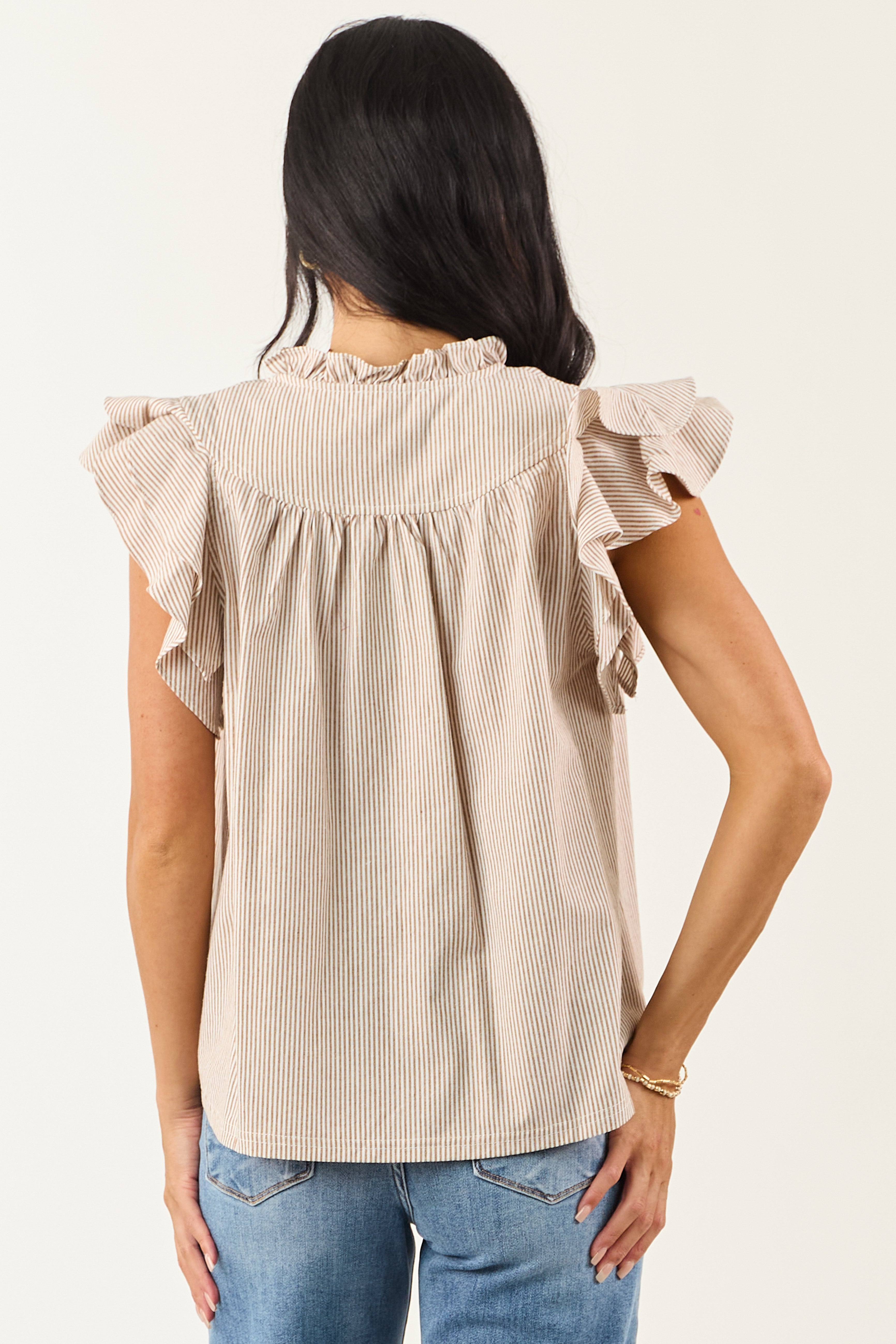 Brown Sugar Notched V Neck Pin Striped Cotton Top