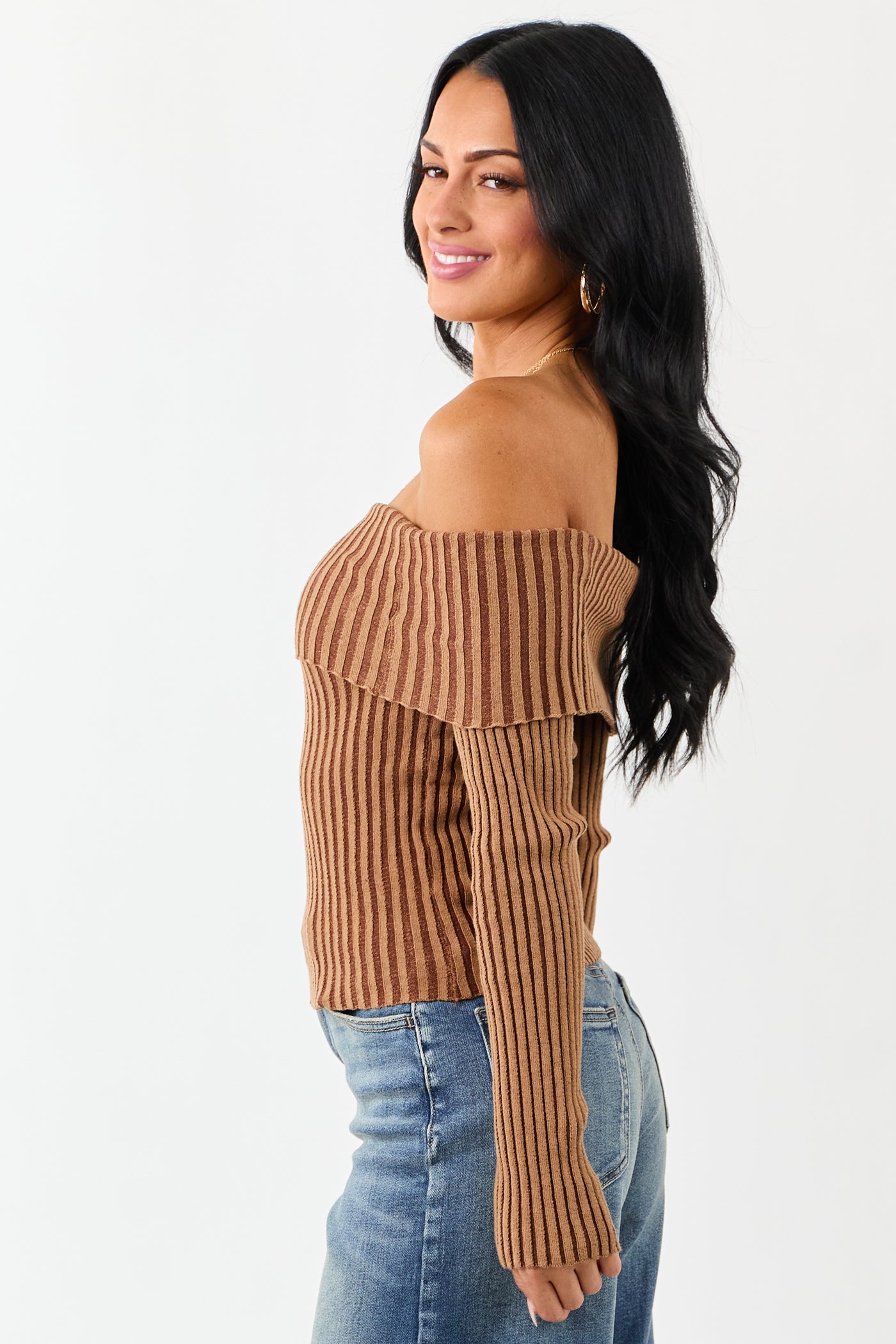 Brown Sugar Off the Shoulder Fitted Rib Knit Top