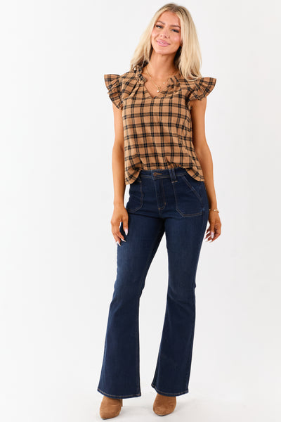 Brown Sugar Plaid V-Neck Ruffle Sleeve Cotton Top