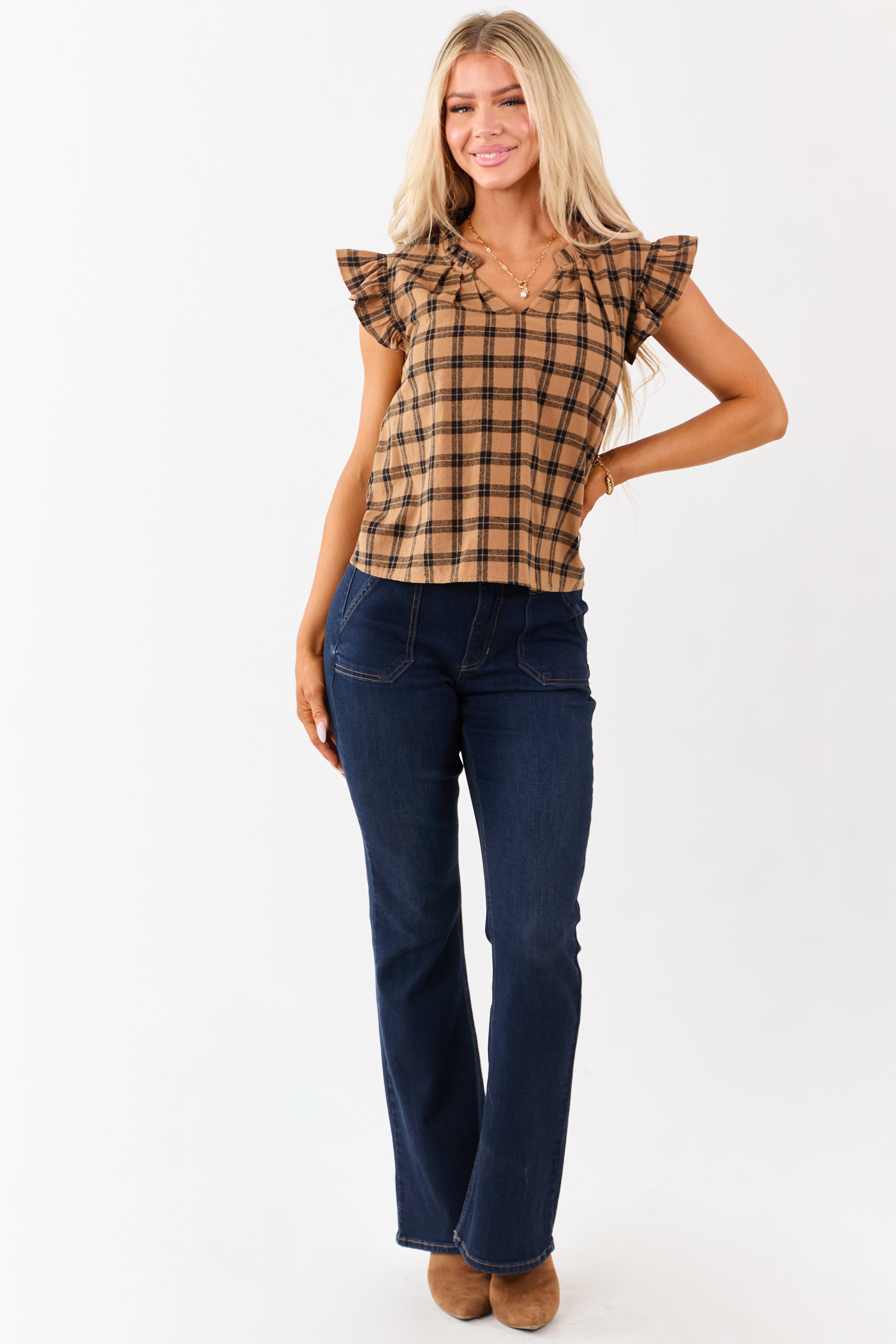 Brown Sugar Plaid V-Neck Ruffle Sleeve Cotton Top