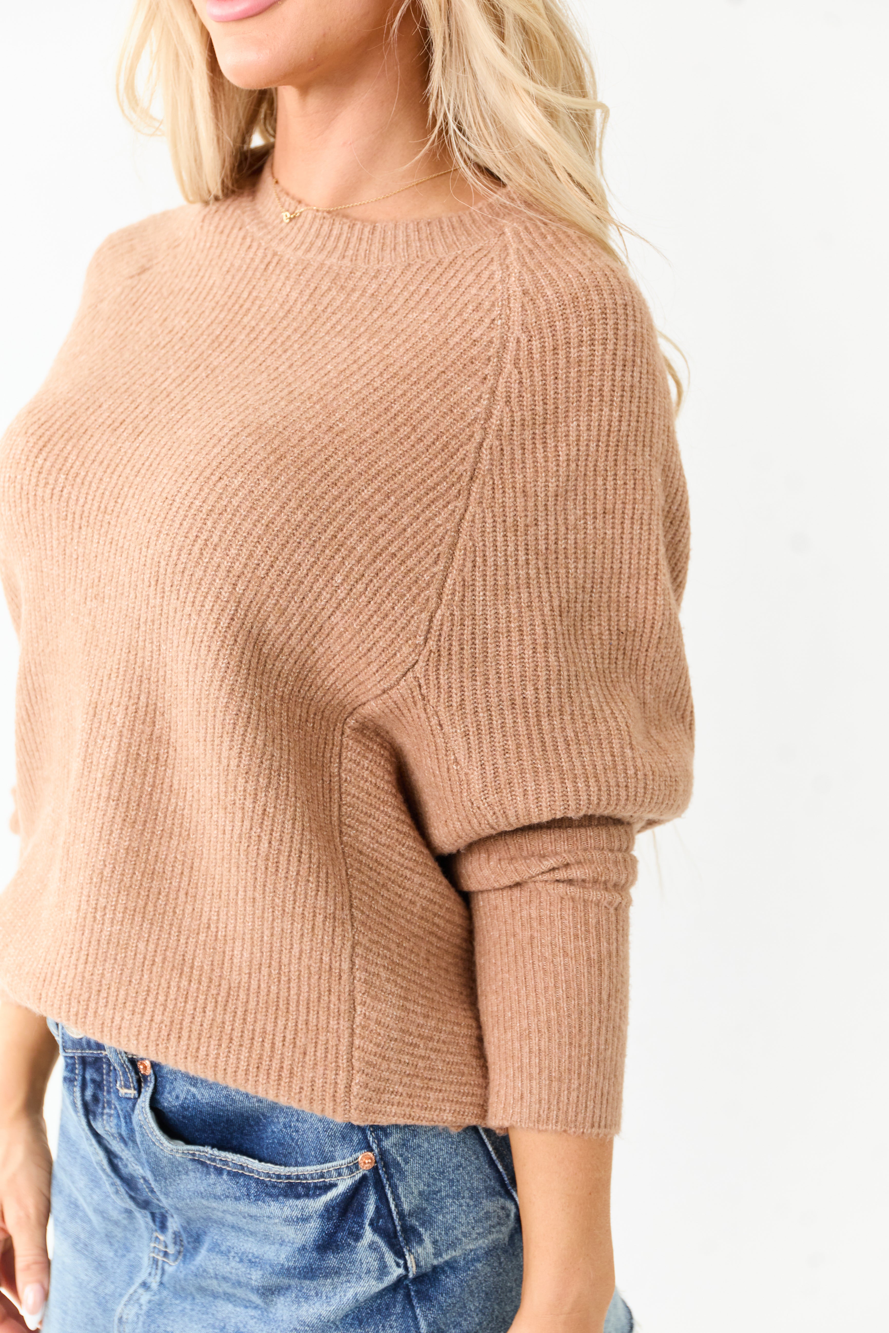 Brown Sugar Ribbed Knit Round Neck Relaxed Sweater