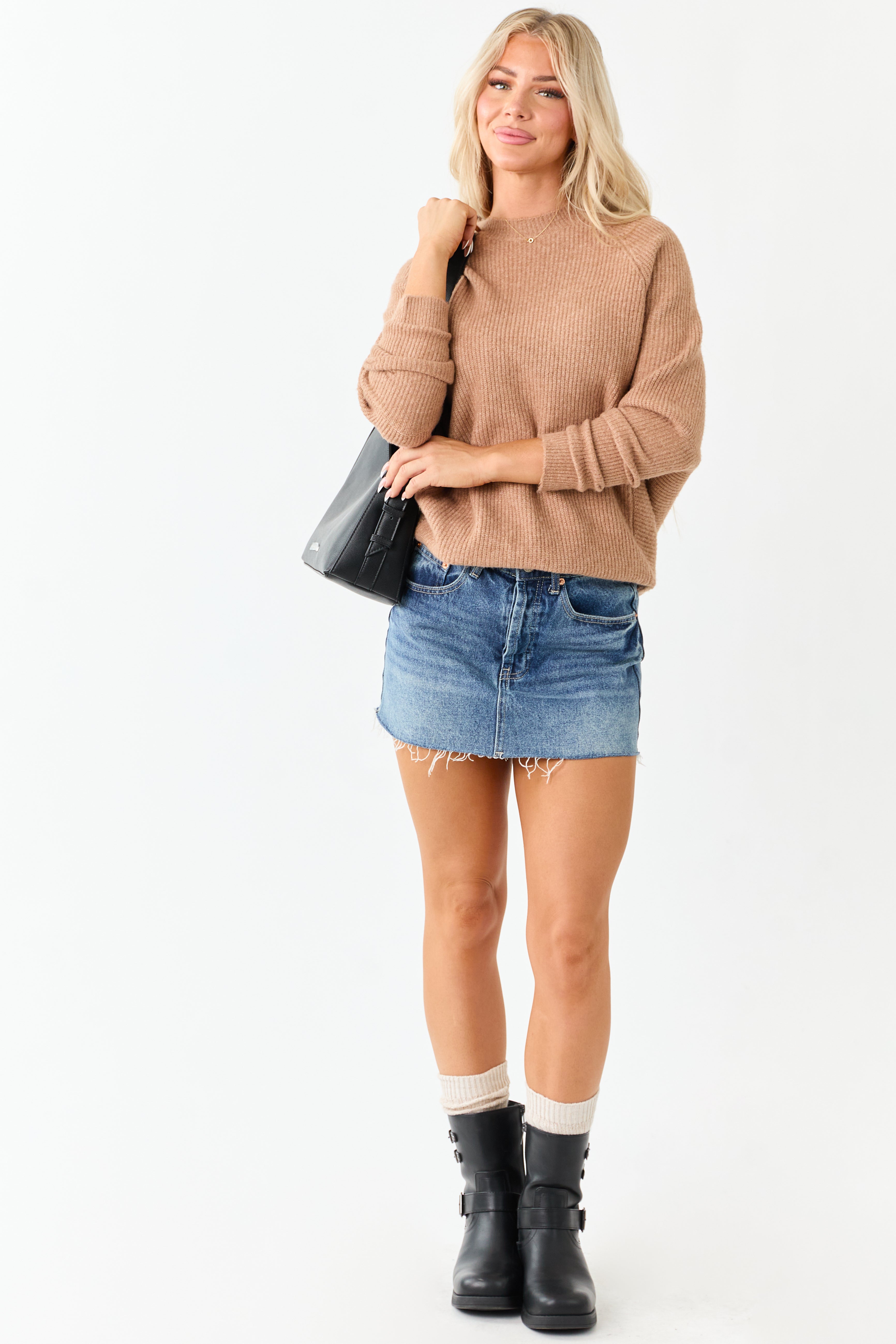 Brown Sugar Ribbed Knit Round Neck Relaxed Sweater