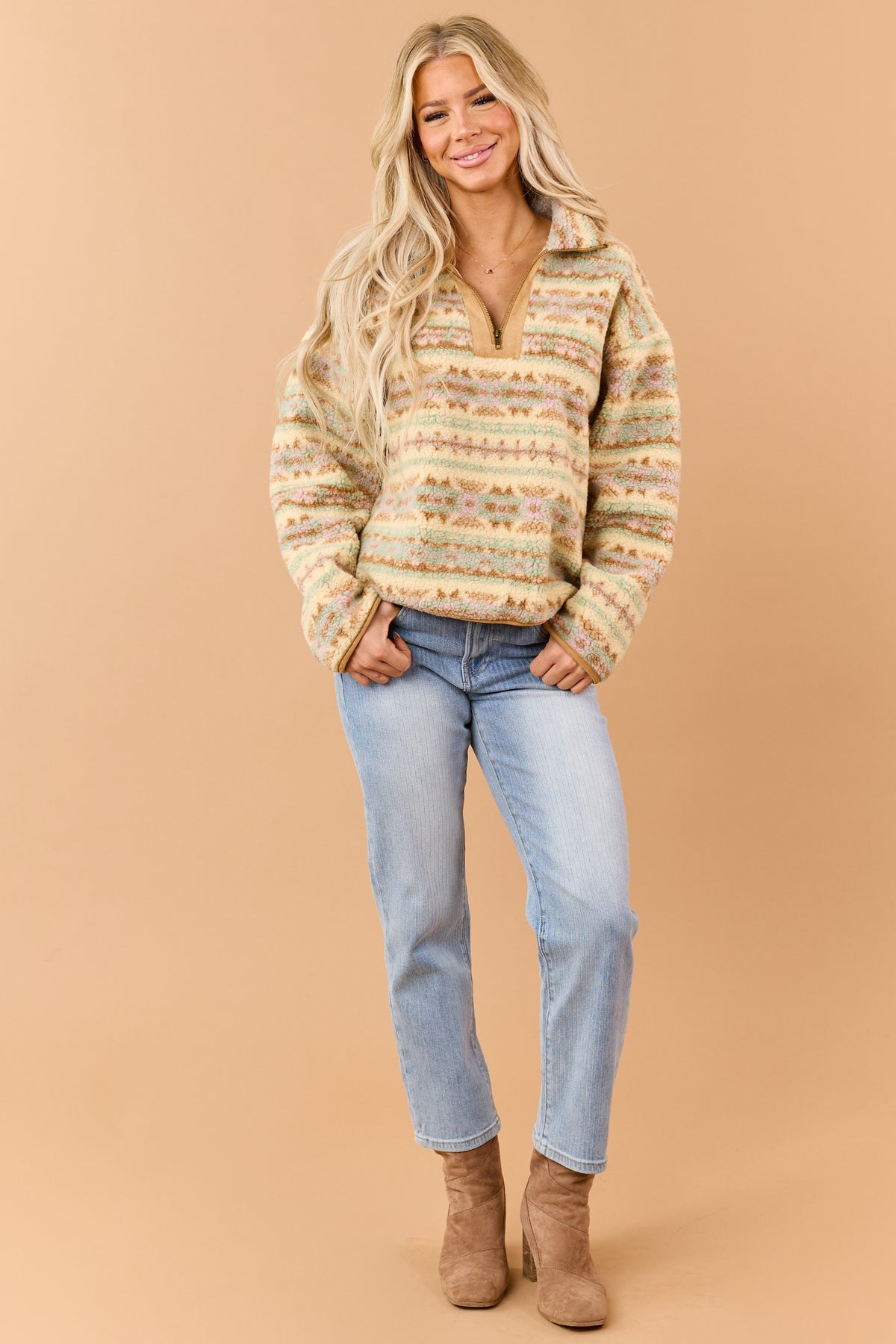 Brown Sugar Sherpa Aztec Print Quarter Zip Up Jacket